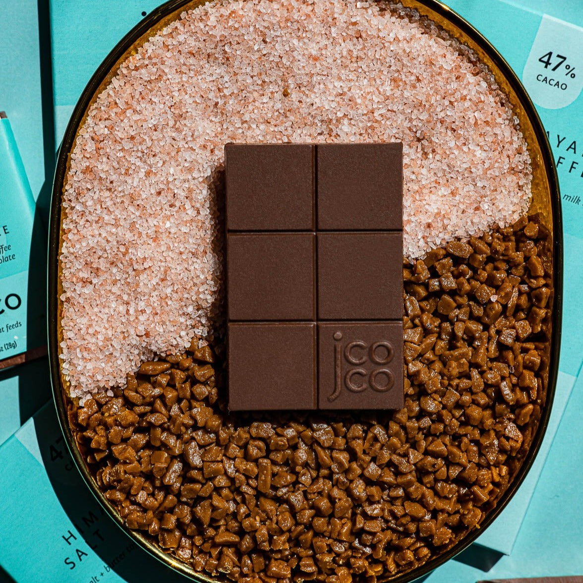 jcoco 47% cacao himalayan salt + toffee chocolate bar 1oz